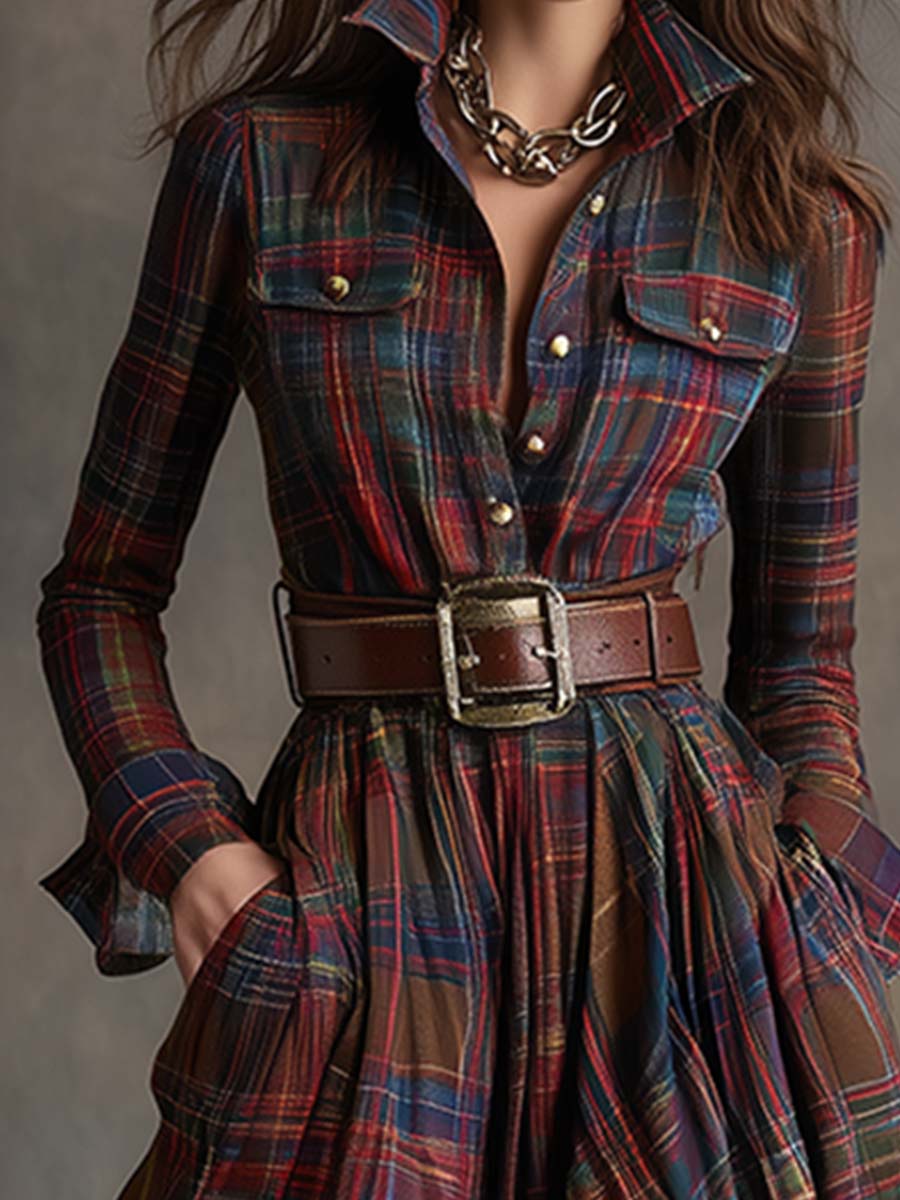 Isabella - Tartan Check Belted Maxi Shirt Dress