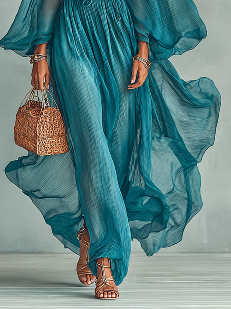 Seren - Pleated Maxi Dress With Sheer Balloon Sleeves