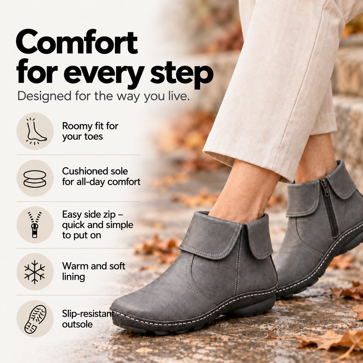 Sofie | Comfortable Zip-Up Ankle Boots