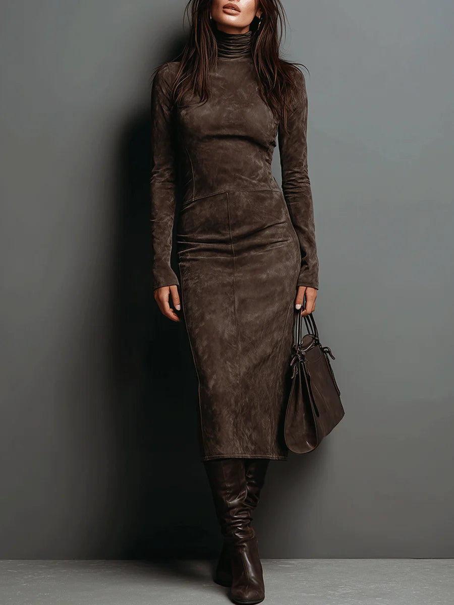 Rosamund - Faux Suede High Neck Midi Dress