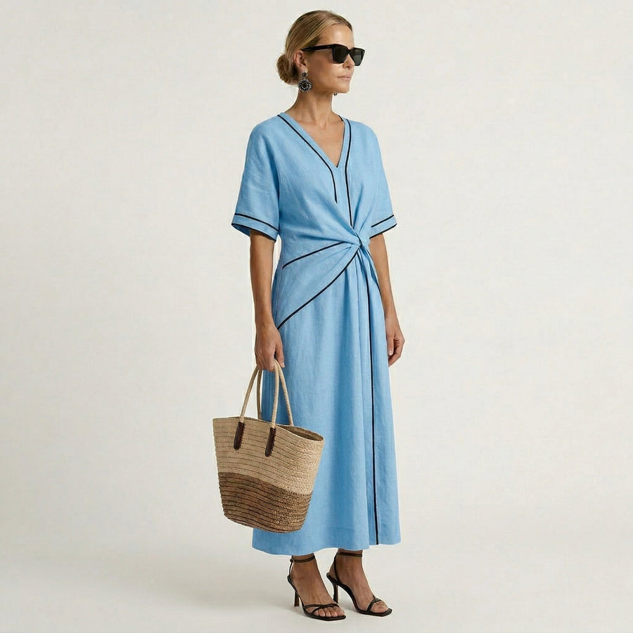 Verity - Twist-Waist Contrast Trim Midi Dress