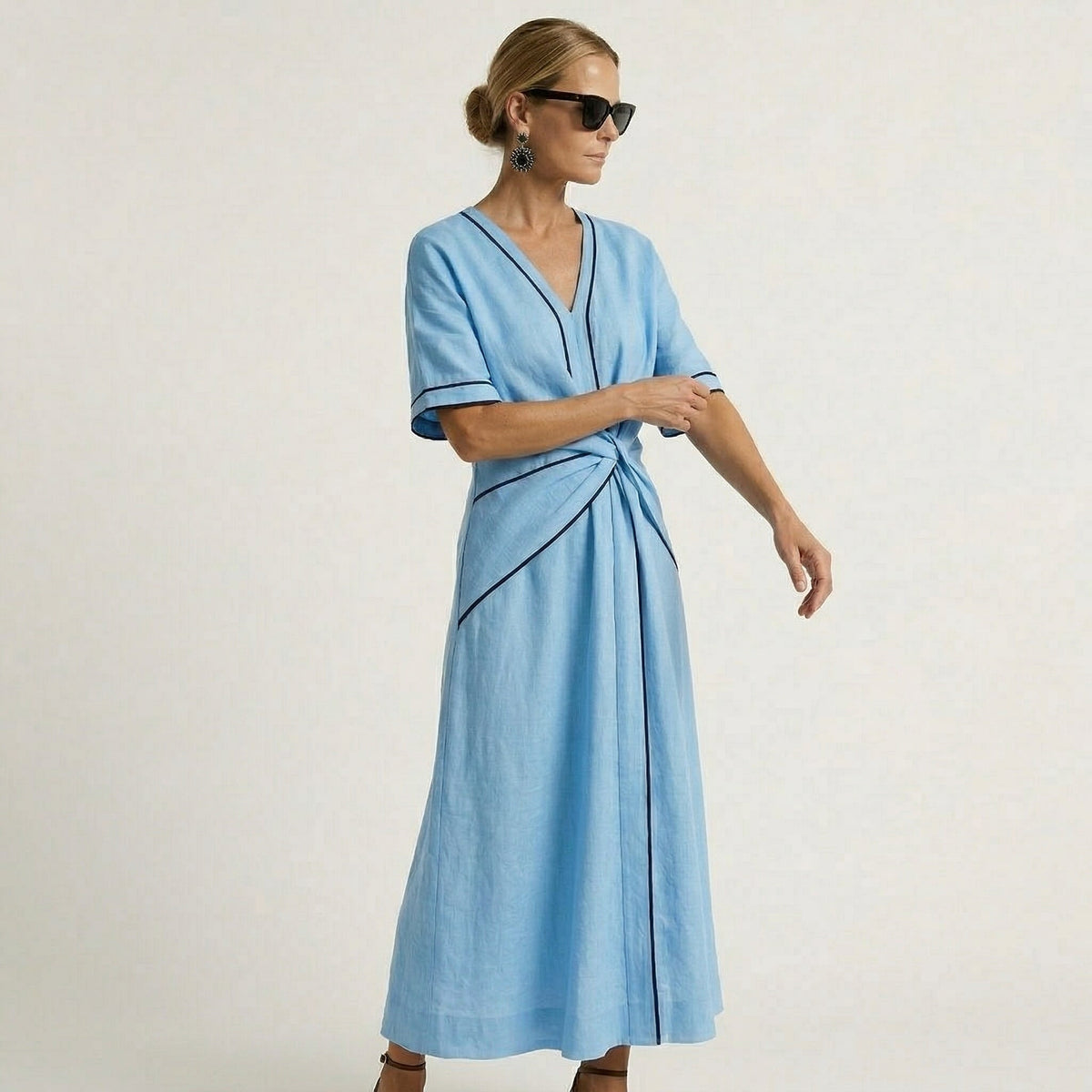 Verity - Twist-Waist Contrast Trim Midi Dress