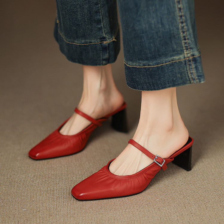Saskia - Ruched Strap Heeled Mules