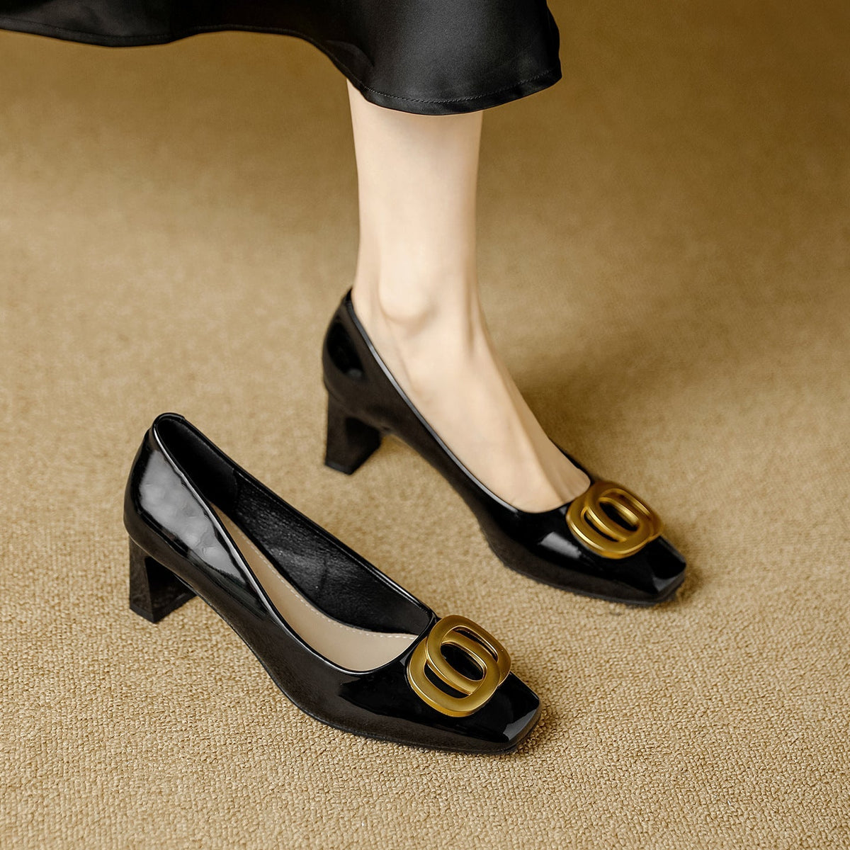 Ophelia - Square-Toe Block Heel Court Shoes