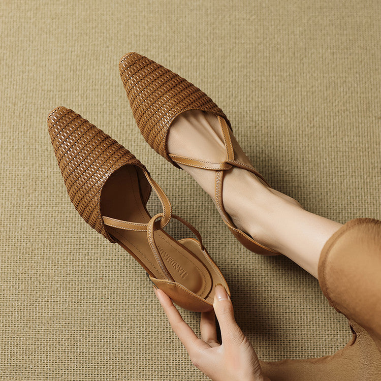 Tessa - Woven-Effect T-Bar Block Heel Shoes