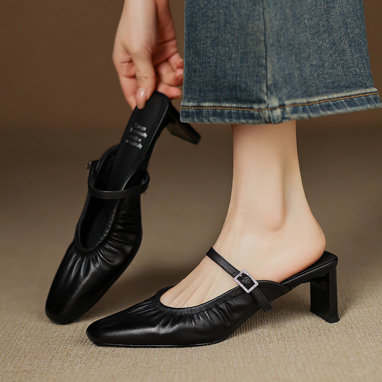 Saskia - Ruched Strap Heeled Mules