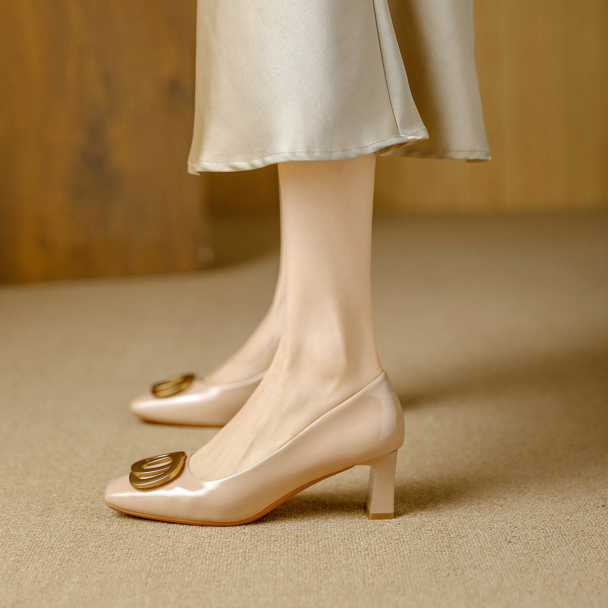 Ophelia - Square-Toe Block Heel Court Shoes