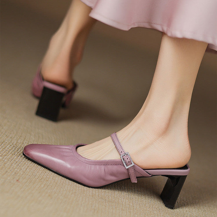 Saskia - Ruched Strap Heeled Mules