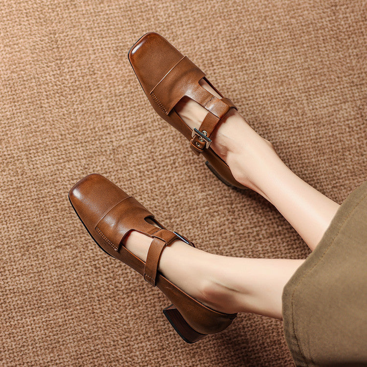 Sylvia - Buckled Square-Toe Block Heel Shoes