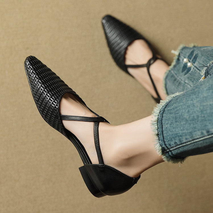 Tessa - Woven-Effect T-Bar Block Heel Shoes