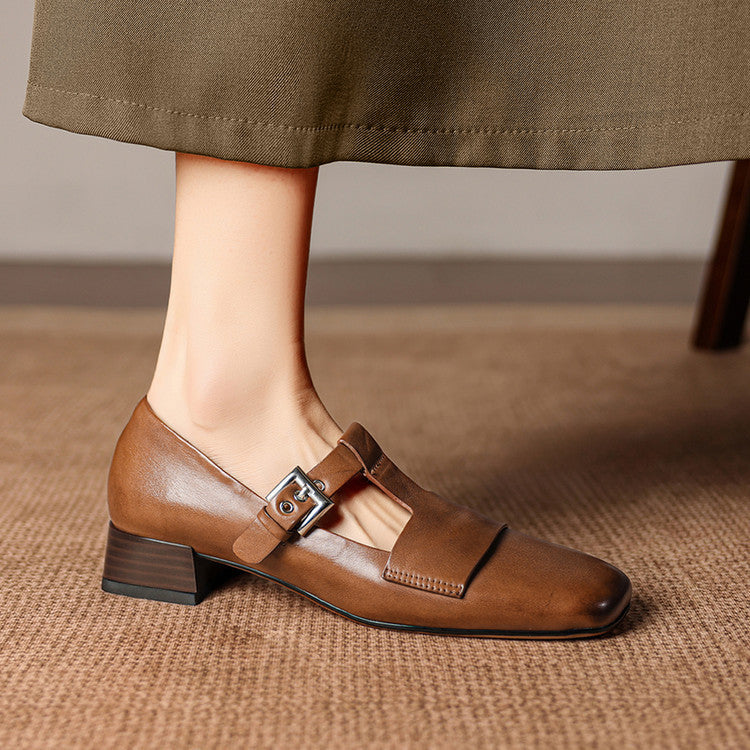 Sylvia - Buckled Square-Toe Block Heel Shoes