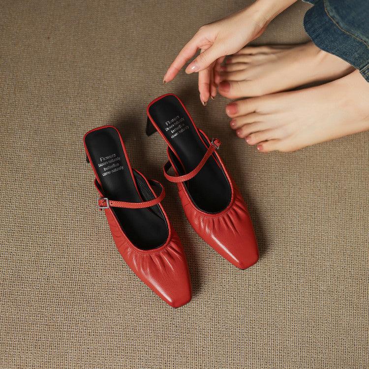 Saskia - Ruched Strap Heeled Mules