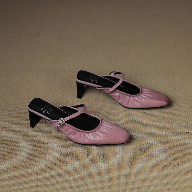 Saskia - Ruched Strap Heeled Mules