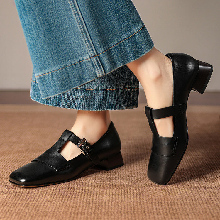 Sylvia - Buckled Square-Toe Block Heel Shoes