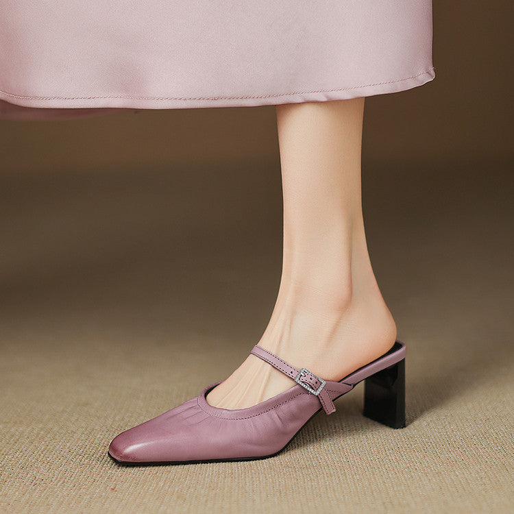 Saskia - Ruched Strap Heeled Mules