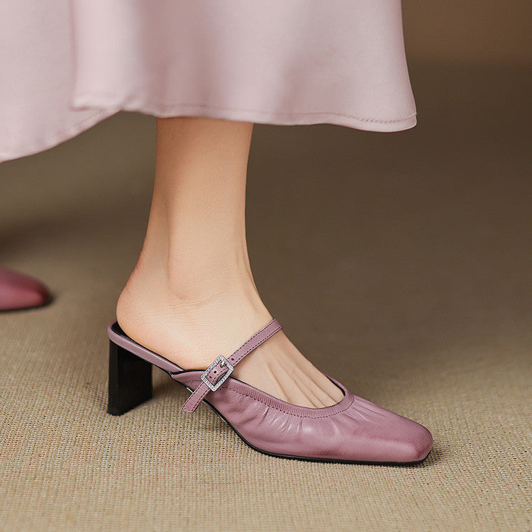 Saskia - Ruched Strap Heeled Mules