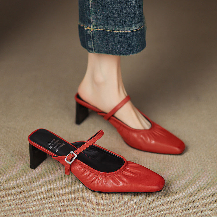 Saskia - Ruched Strap Heeled Mules