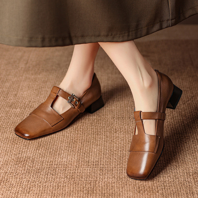 Sylvia - Buckled Square-Toe Block Heel Shoes