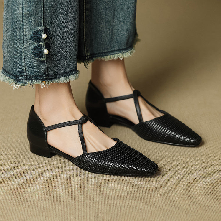 Tessa - Woven-Effect T-Bar Block Heel Shoes