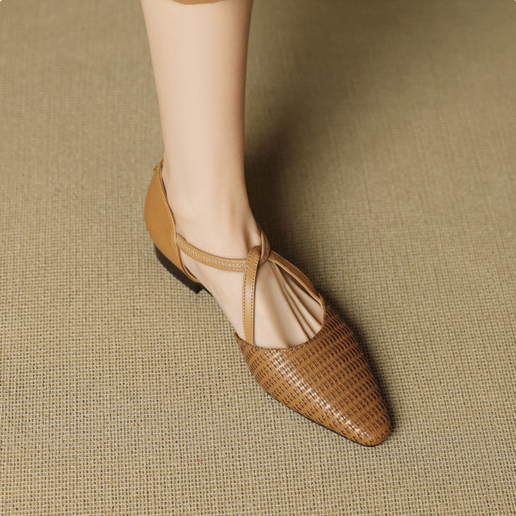 Tessa - Woven-Effect T-Bar Block Heel Shoes
