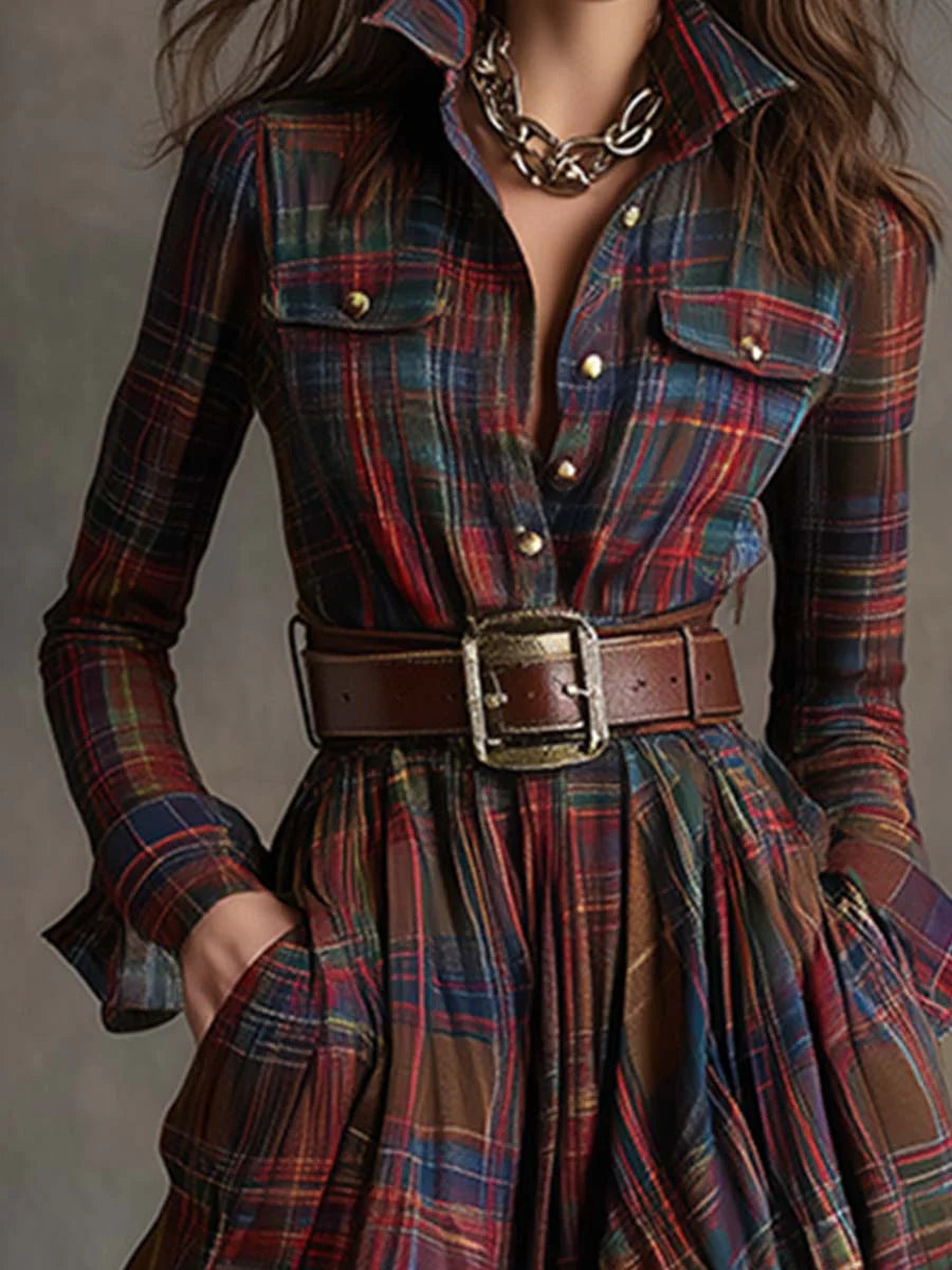 Isabella - Tartan Check Belted Maxi Shirt Dress