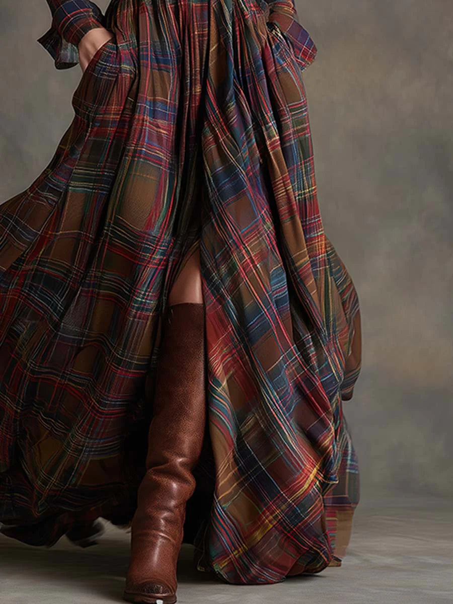 Isabella - Tartan Check Belted Maxi Shirt Dress