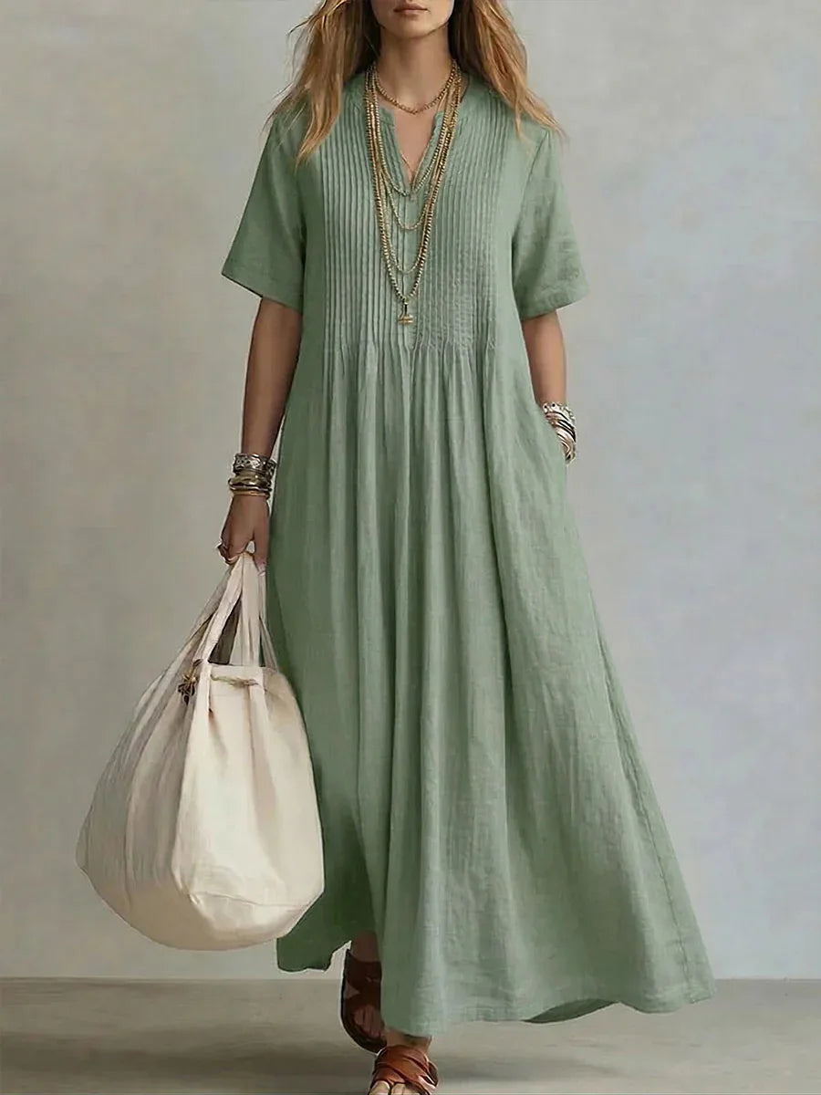Flora - Pintuck Pleat Short Sleeve Maxi Dress