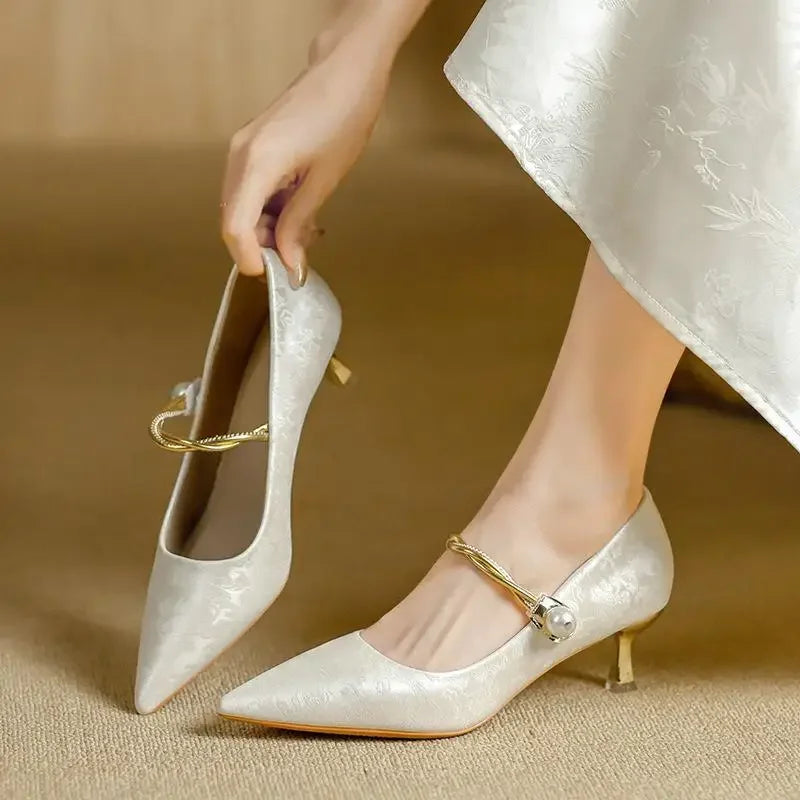 Juliet - Pointed Pearl-Effect Strap Heels