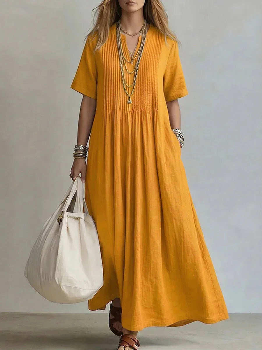 Flora - Pintuck Pleat Short Sleeve Maxi Dress