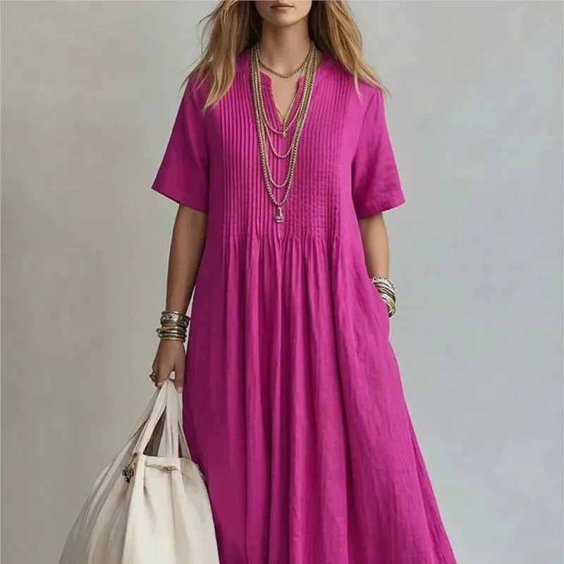 Flora - Pintuck Pleat Short Sleeve Maxi Dress