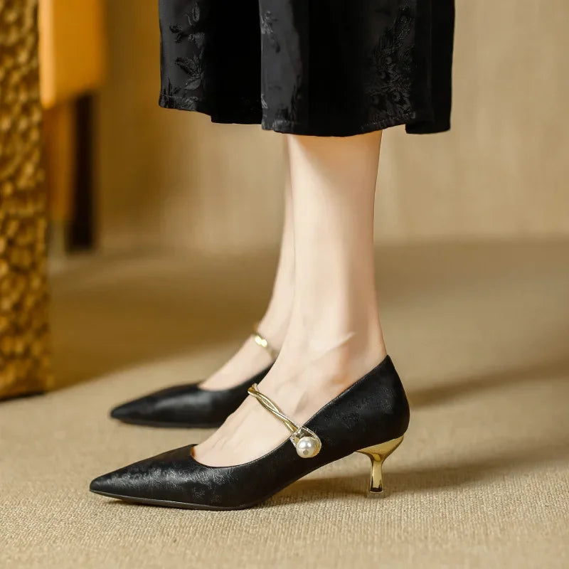 Juliet - Pointed Pearl-Effect Strap Heels