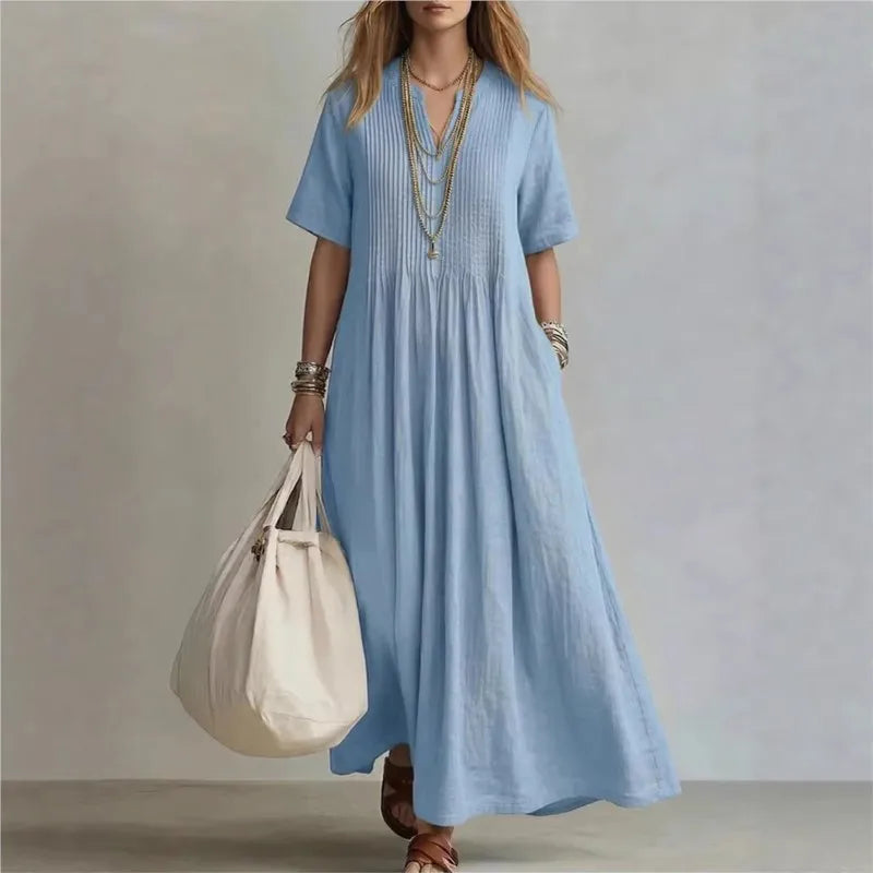 Flora - Pintuck Pleat Short Sleeve Maxi Dress