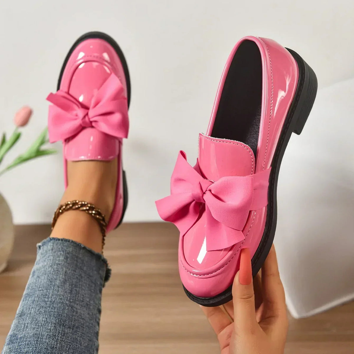 Eleanor - Glossy Bow-Detail Loafers