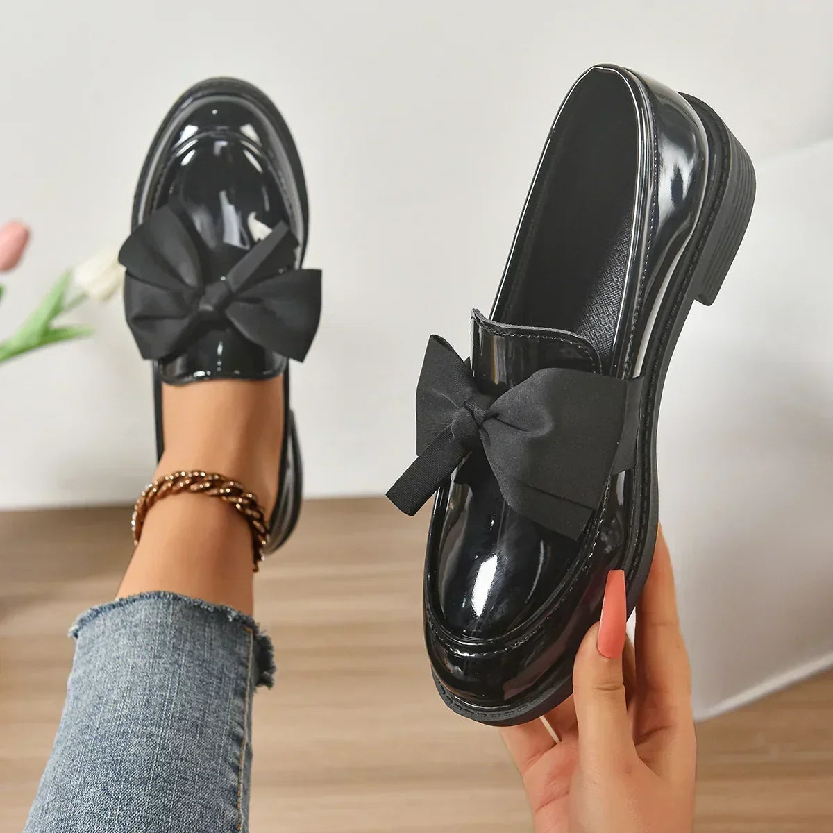 Eleanor - Glossy Bow-Detail Loafers