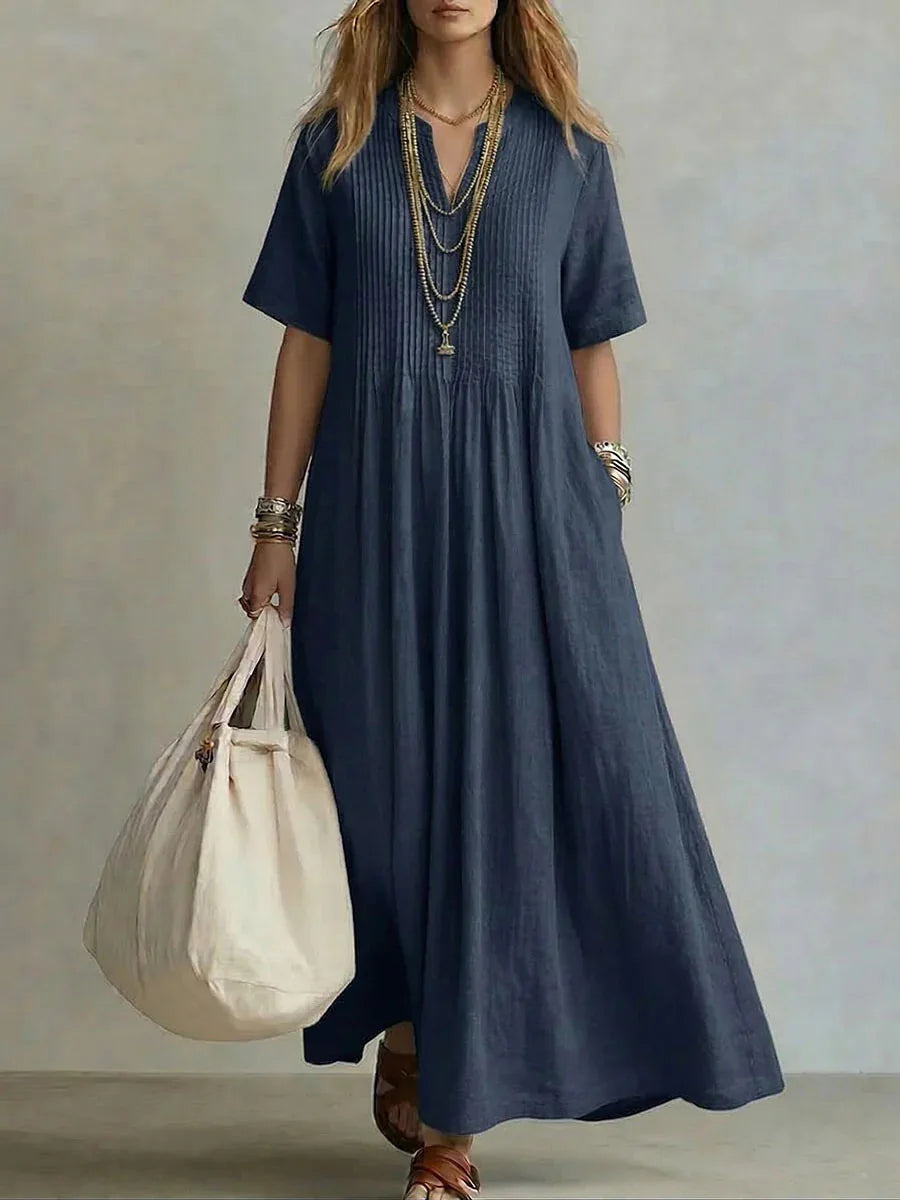 Flora - Pintuck Pleat Short Sleeve Maxi Dress