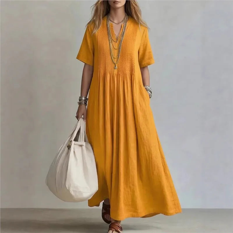 Flora - Pintuck Pleat Short Sleeve Maxi Dress