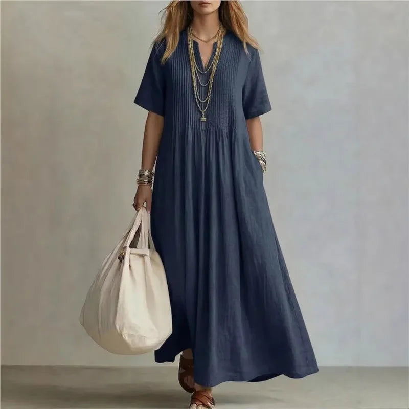 Flora - Pintuck Pleat Short Sleeve Maxi Dress