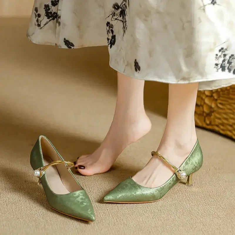 Juliet - Pointed Pearl-Effect Strap Heels