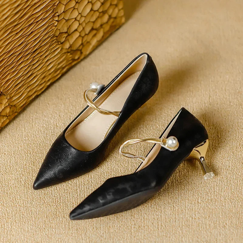 Juliet - Pointed Pearl-Effect Strap Heels