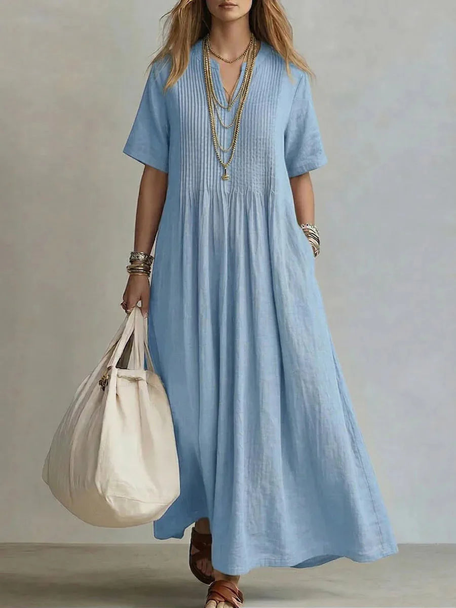 Flora - Pintuck Pleat Short Sleeve Maxi Dress