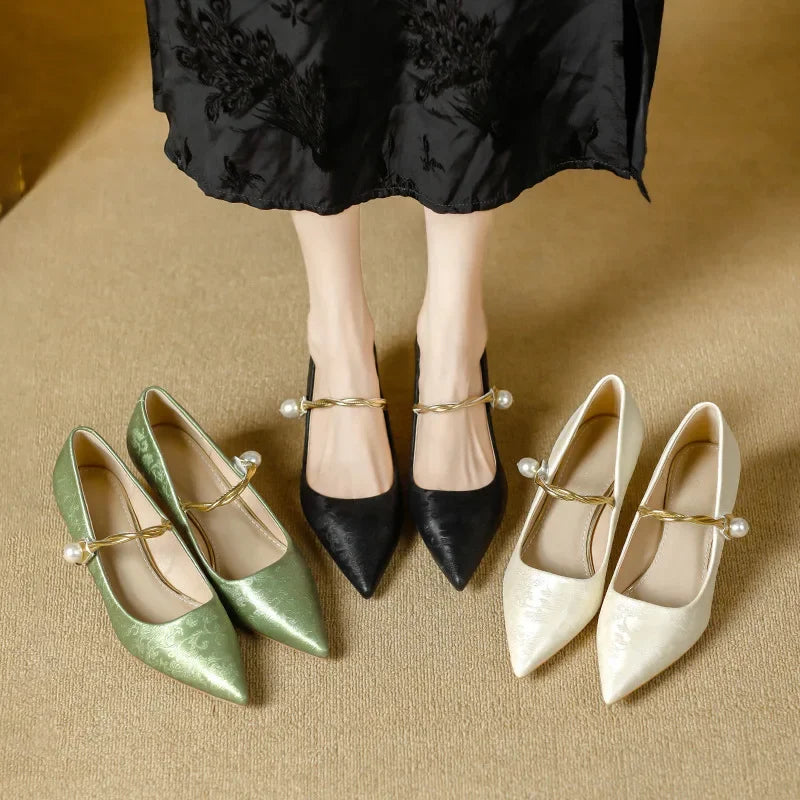 Juliet - Pointed Pearl-Effect Strap Heels