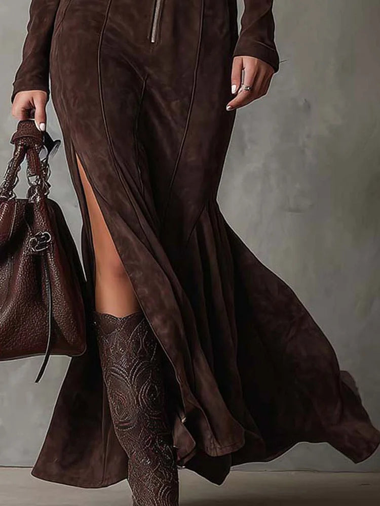 Esme - Faux Suede Belted Maxi Dress