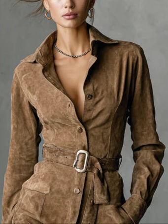 Daphne - Faux Suede Belted Shirt Dress