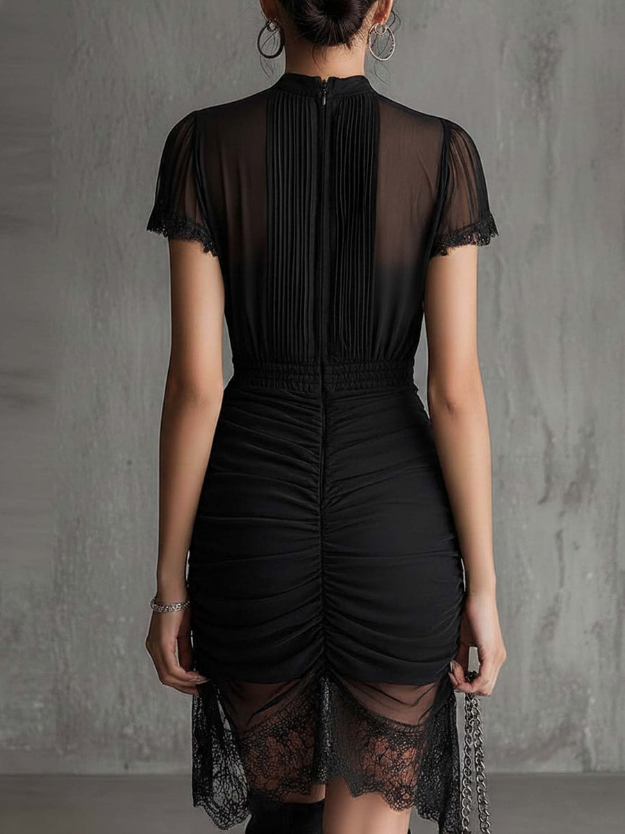 Isabelle - Pleated Lace-Trim Mini Dress
