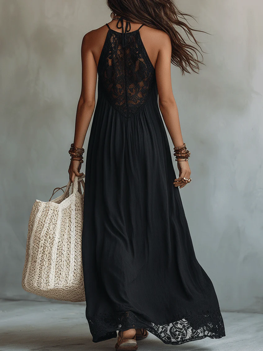 Bryony - Lace-Trimmed Halter Maxi Dress