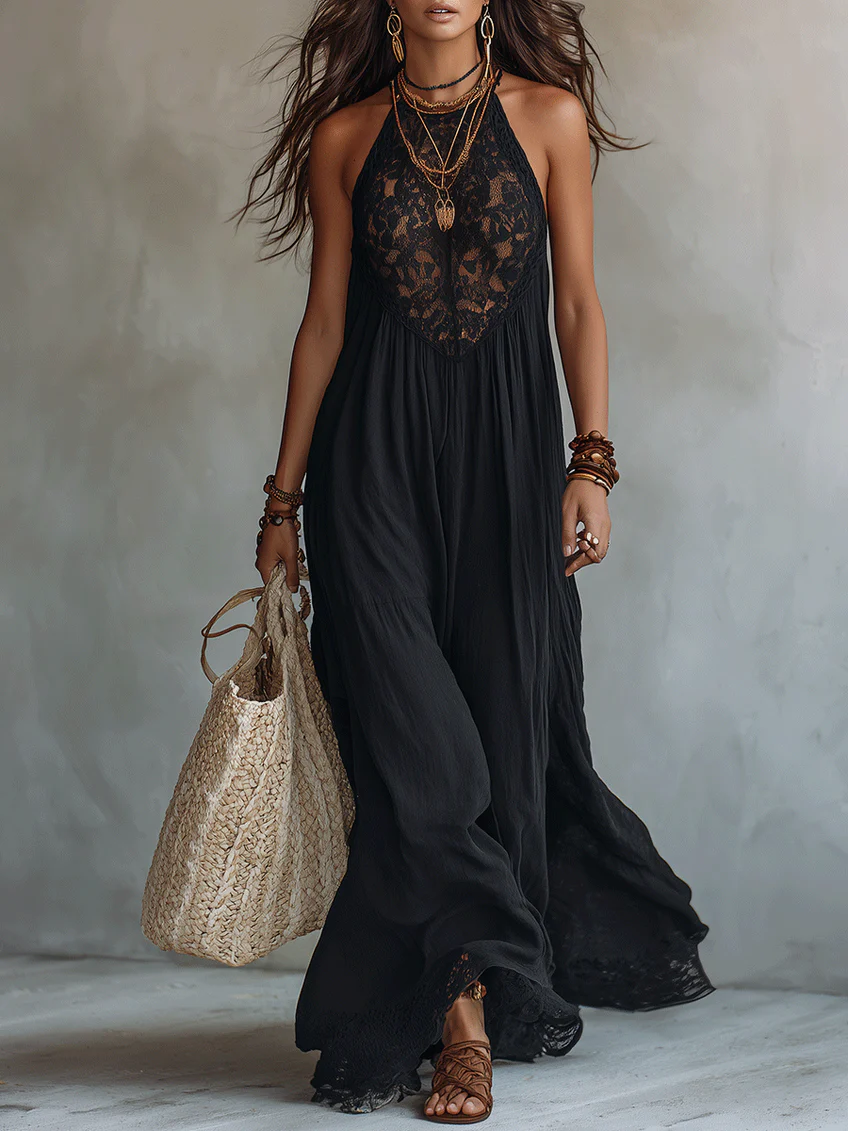 Bryony - Lace-Trimmed Halter Maxi Dress
