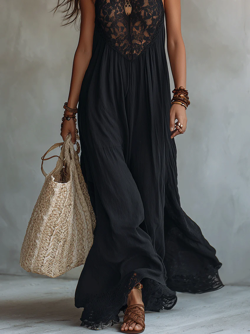 Bryony - Lace-Trimmed Halter Maxi Dress