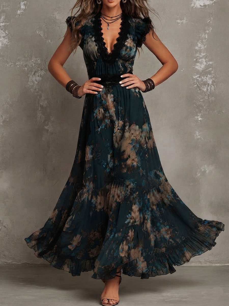 Seren - Floral Lace-Trim Maxi Dress