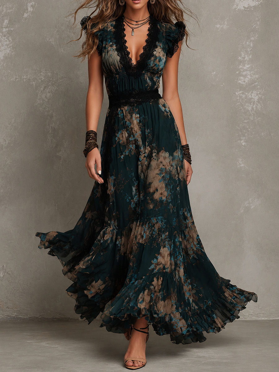 Ophelia - Floral Lace-Trim Maxi Dress
