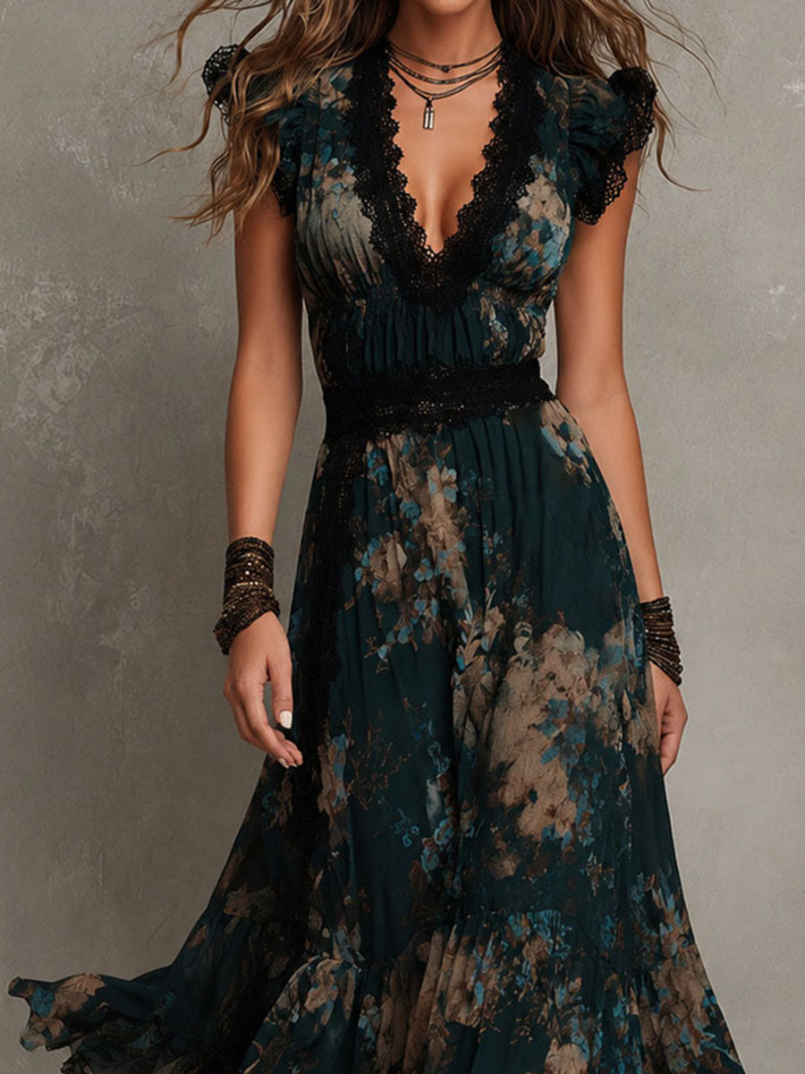Ophelia - Floral Lace-Trim Maxi Dress